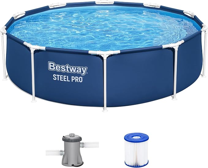 Bestway Steel Pro 10' x 30" Above Ground Swimming Pool Set with Pump | Durable Round Metal Frame Outdoor Backyard Pool, Puncture-Resistant Liner - Type I Filter Cartridge Included, Blue