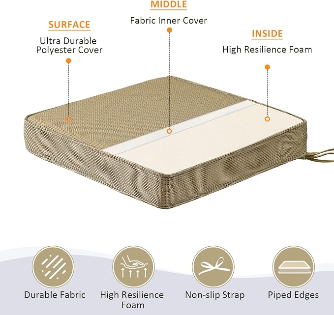 Unimatta Square Corner Seat Cushions, 19" x 19" x 3", Set of 4, Indoor Outdoor Water Repellent Universal Chair Pads with Ties for Patio Furniture, Garden Dining Chairs, Natural Beige Lattice