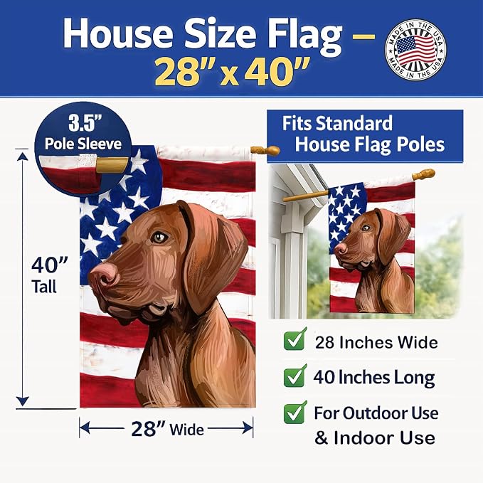 Caroline's Treasures CK6747CHF Vizsla American Flag House Flag Large Porch Sleeve Pole Decorative Outside Yard Banner Artwork Wall Hanging, Polyester, House Size, Multicolor