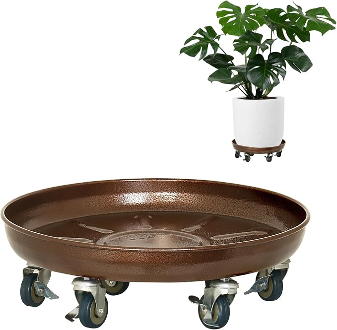 Plant Caddy with Wheels, 17" Heavy Duty Metal Plant Dolly, 440 lb Capacity Rolling Plant Stand with 360° Locking Casters, Waterproof Planter Tray and Saucer for Indoor Outdoor Large Pots