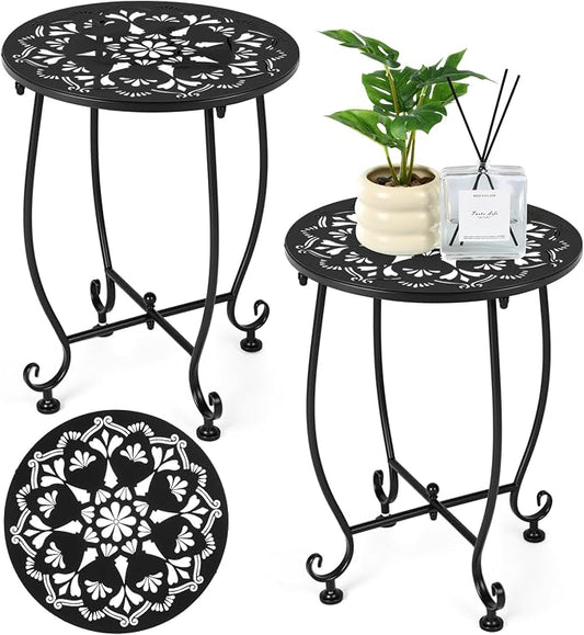 Thyle 2 Pcs Outdoor Side Table with Flower Cutout 13" Metal Small Round Weather Resistant Patio Side Tables for Outside, Balcony, Porch, Garden Bistro Indoor Outdoor Yard(Floral Pattern)