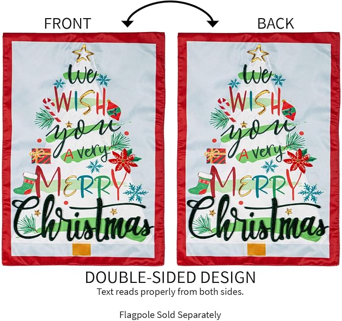 Evergreen Flag We Wish You a Merry Christmas Applique Garden Flag | 12x18 Inches Double Sided Christmas Garden Flag for Outside | Weather and Fade Resistant | Outdoor Flag Décor for Home, Yards and