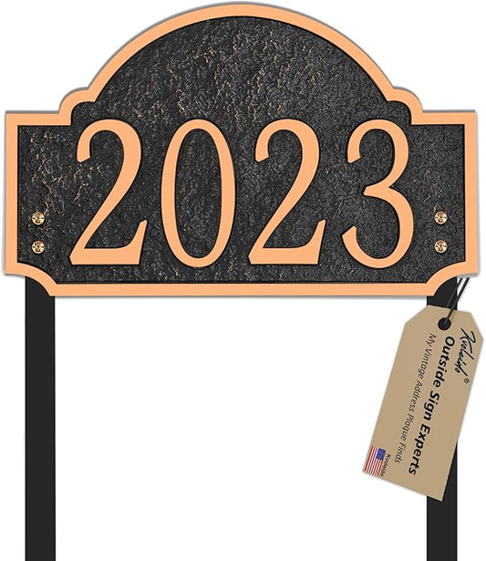 Personalized Address Sign LAWN MOUNTED - Custom House Number Sign Plaque,Address Plaque,House Numbers for Lawn Outside,Yard,Ground,Garden,Drive Way Free Standing with Stakes Metal (Red Copper)