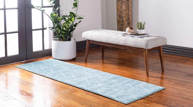 Unique Loom Trellis Frieze Collection Area Rug - Geometric (2' x 13' 1" Runner, Light Blue/ Ivory)