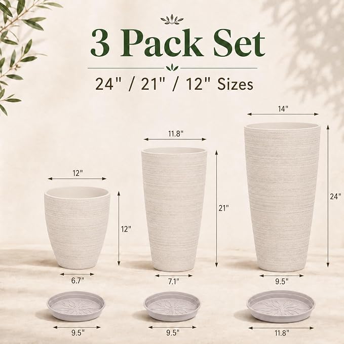 Neoaider Set of 3 Tall Planter, 24/21/12in Large Plastic Planter, OatColor | Ceramic-Look, Lightweight, Built-in Drain Hole, Saucers, Tall Outdoor Planter for Porch, Garden, Patio, Balcony
