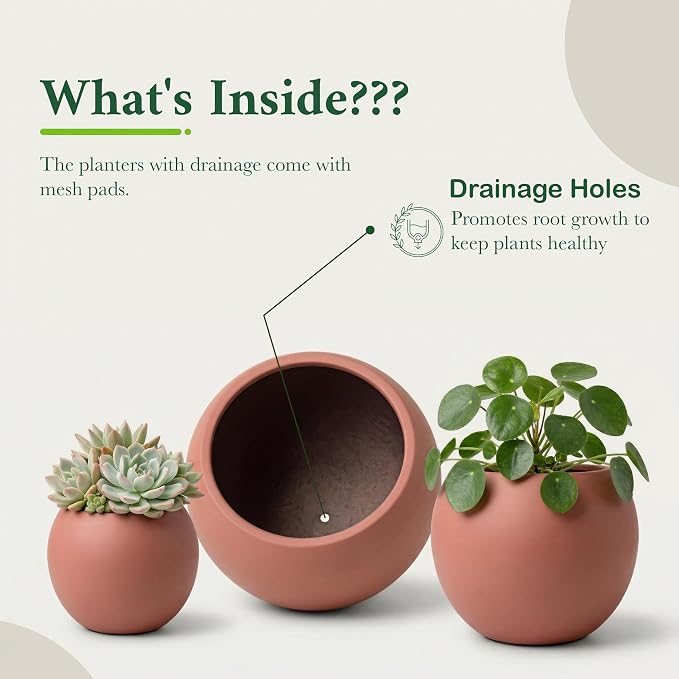 DTY Premium Mt Sherman Fiberstone Sphere Planter for Indoor Outdoor Use, Round Pot for Olive Tree, Lightweight, Smooth Finishes. 2 Coco Mats. Terracotta, Medium 16.1'' D x 13.6'' H. 11.8” Pot Opening