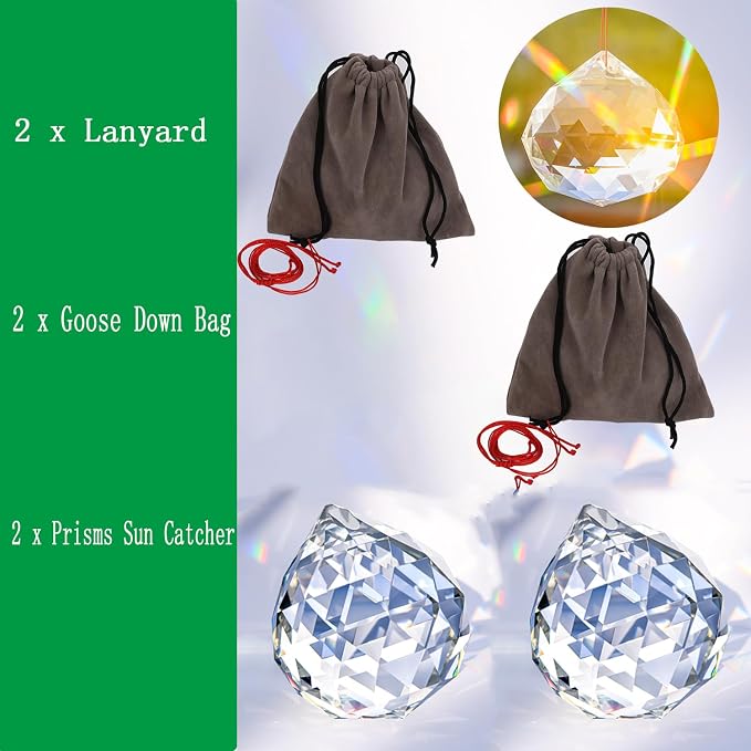 2 Pieces 80mm/3.15 Inch Clear Cut Crystal Prisms Suncatcher,Hanging Rainbow Pendants Glass Sphere Faceted Gazing Ball for Home Décor,Office,Garden Decoration,Super Sparkly and Flawless