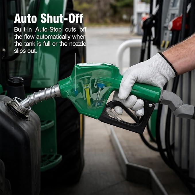 3/4" NPT Auto Shut-Off Fuel Nozzle, Gas Pump Nozzle with 3-Speed Padlock (9-16 GPM) - 360° Swivel Hose for Gasoline, Diesel, Biodiesel B20, E15 & Kerosene (GREEN)