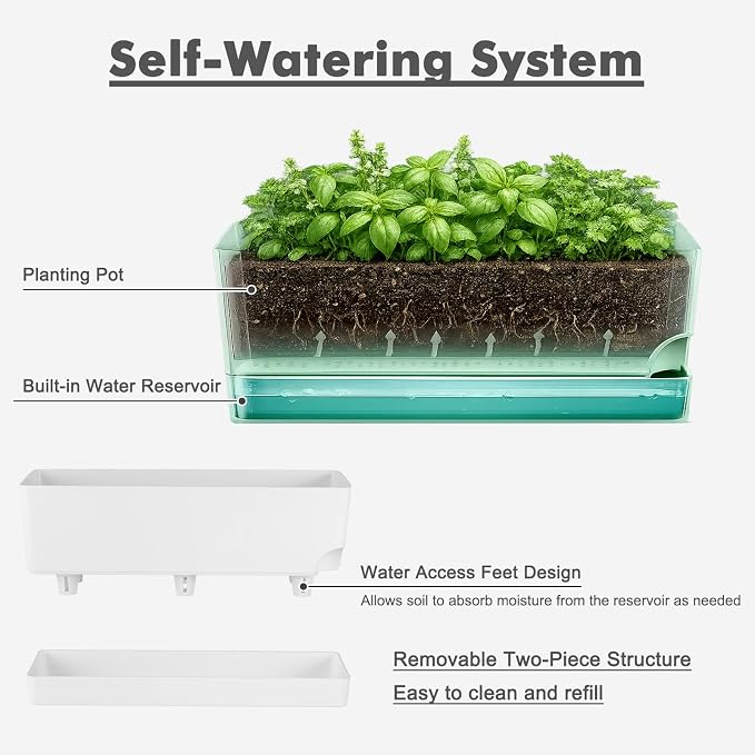 Party Zealot Window Boxes Planters, 3 Pack Self Watering Pots for Indoor Plants 17 Inch Rectangular Planter Rectangle Flower Pots Long Plant Pot Large Window Sill Herb Planter Box, White