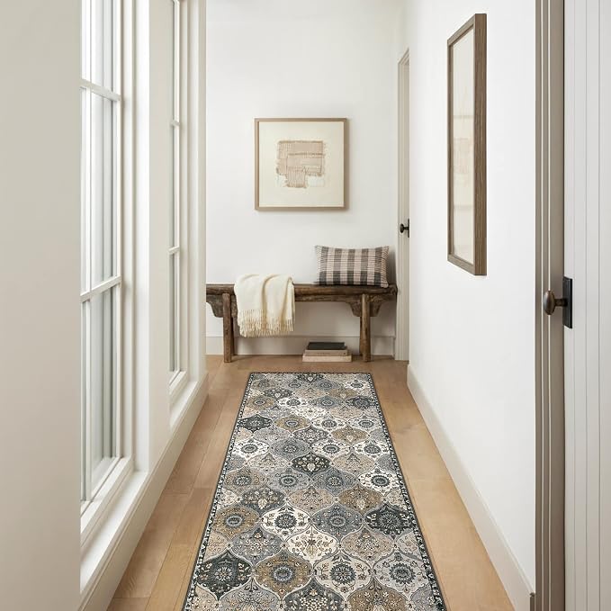 Lahome Moroccan Kitchen Runner Rug, 2'5''x8' Soft Washable Runner Non Slip | Ultra-Thin Oriental Hallway Rug Indoor Throw Carpet for Entryway Bedroom Laundry Room Foyer Elise, Grey