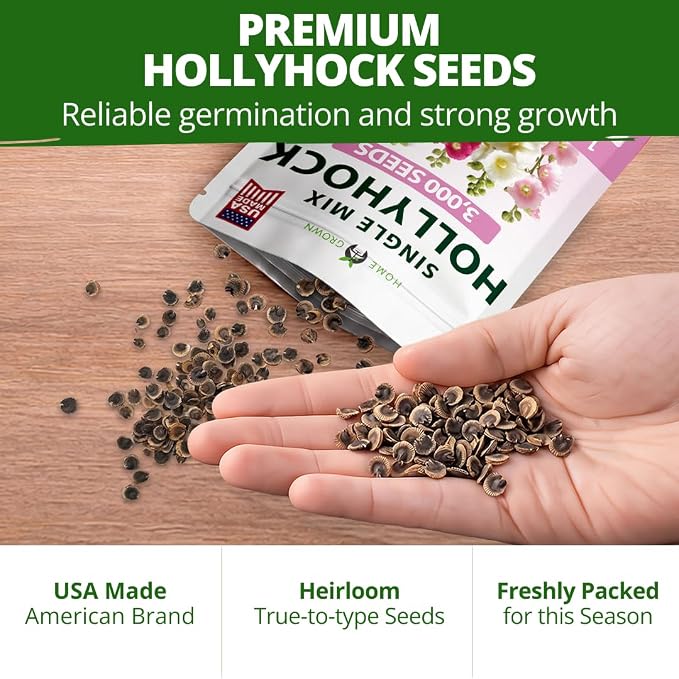 HOME GROWN Hollyhock Single Mix Planting Seeds 2026 – 29g/1oz (3000 Seeds) | Open-Pollinated Flower Seed | Heirloom Non-GMO | Deer Resistant | Self-Seeding | Zones 3–9