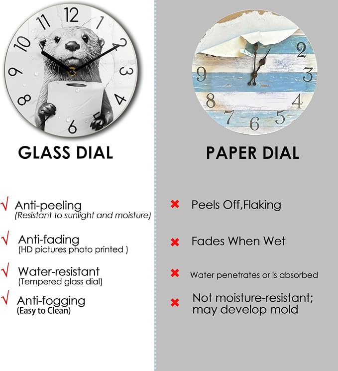Crosstime 12 Inch Waterproof Silent Wall Clock for Bathroom – Non-Ticking Tempered Glass with Marble Finish, Funny Otter Holding Toilet Paper, Battery Operated Shower Outdoor Pool Sauna Decor