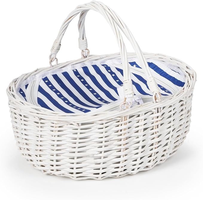Wicker Picnic Basket with Insulated Lined Bag 15“ x 11” x 7“ Blue, White Star Stripe Pattern, Iced Beer Insulated Bag for Camping, Picnics, Birthday Gifts, Wedding Gifts