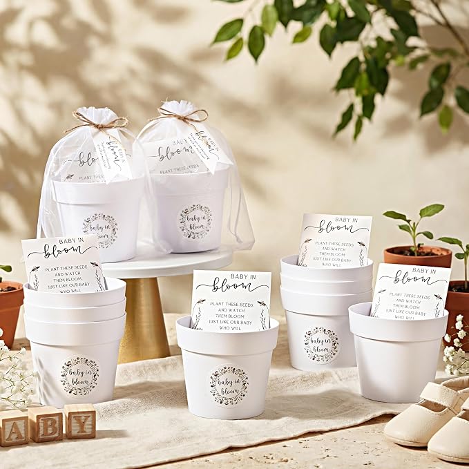 FoldTier 50 Sets Baby Shower Seeds Favors for Guests Mini Plastic Pots Kraft Wildflowers Envelopes with Thank You Tags, Stickers, Organza Bags, Baby in Bloom Party Favors (No Seed)