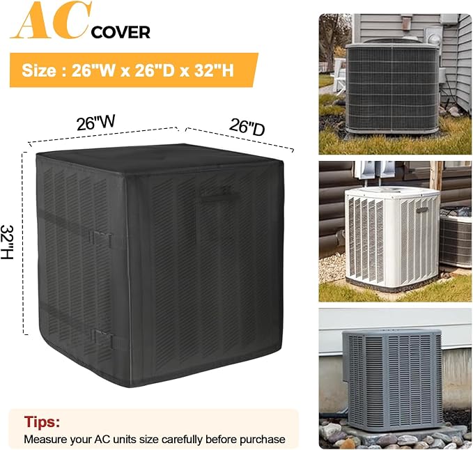 SUNICO Winter Air Conditioner Covers for Outside Units, 26x26x32in, Black | 3 Layers insulation waterproof cover, heavy duty 600D, antifreeze aluminum foil layer, snowproof, windproof buckle strap