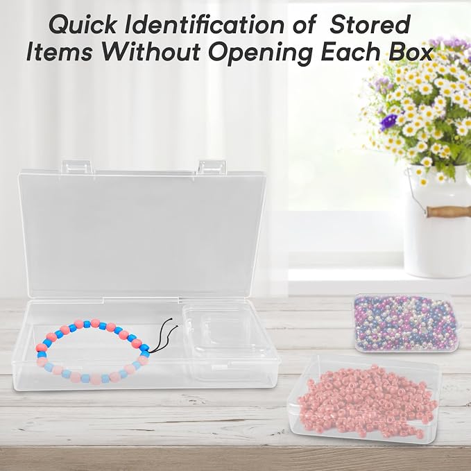 24 Pack Clear Plastic Storage Boxes with Hinged Lids | Clear Plastic, 4 Sizes, Stackable Hinged-lid Boxes for Beads, Jewelry, Crafts, Hardware, Drawers, and Small Parts