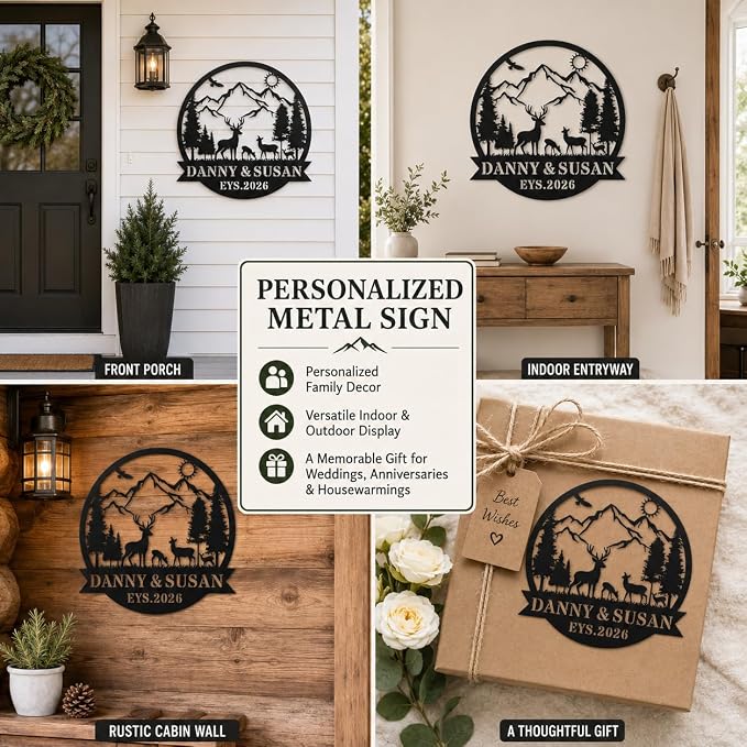 Personalized Deer Mountain Metal Sign Custom Family Name Wall Decor Rustic Cabin Outdoor Yard Art Wedding Anniversary Sign Gift