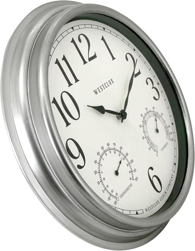 Westclox 15.75” Outdoor Wall Clock with Temperature & Humidity Display, Weather Resistant, Silver Finish, Glass Lens, Battery Operated