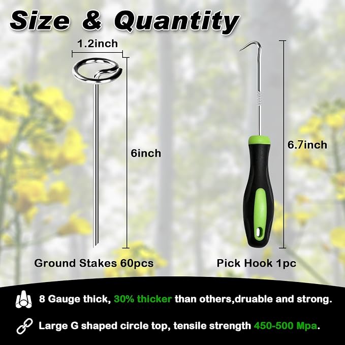 FEED GARDEN Heavy Duty Landscape Fabric Pins 8 Gauge 60 Pack with Pick Hook, 6 Inch Galvanized Round Head Garden Stakes for Weed Barrier Fabric, Turf, Sod, Tent, Garden Edging & Hard Soil