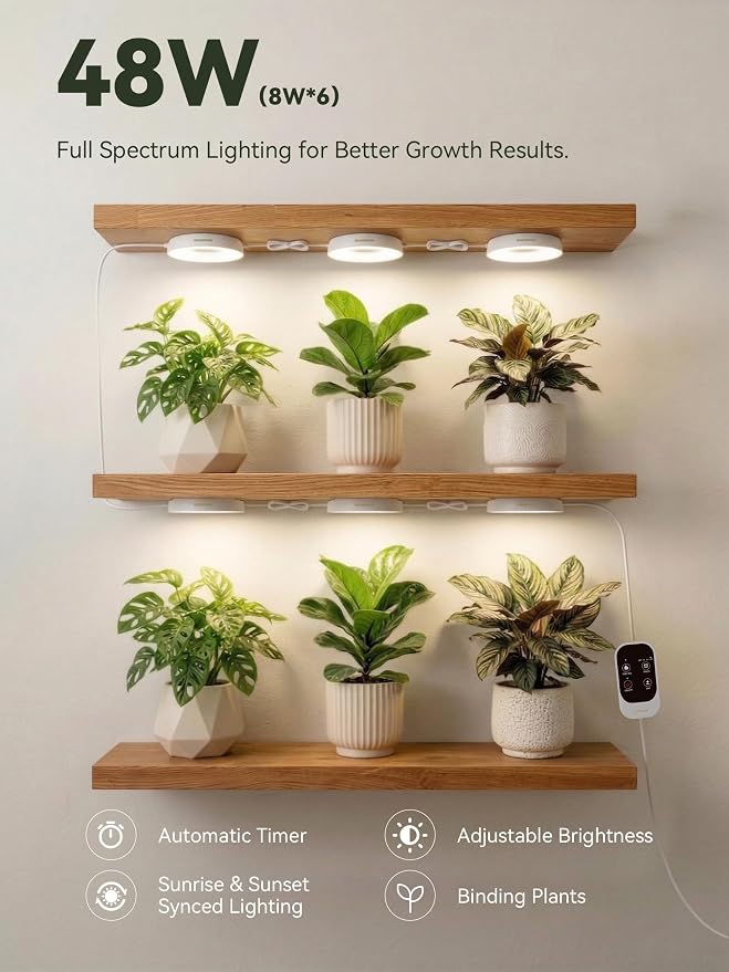 GLOWRIUM Grow Lights for Indoor Plants, Full Spectrum Puck Grow Light with Manual & APP Control, 48W(6 x 8W) Plant Lamp Auto-Timer, Plant Assistant 10 Levels Dimmable for Plant Shelf (6 Packs,White)
