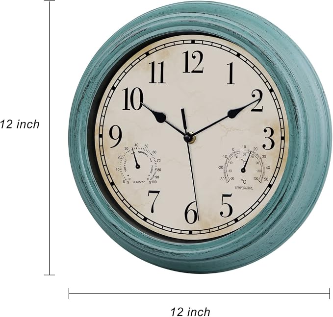 12 Inch Indoor Outdoor Retro Waterproof Wall Clock with Thermometer and Hygrometer, Battery Operated Quartz Round Wall Clock Silent Non Ticking Home Decor,Green