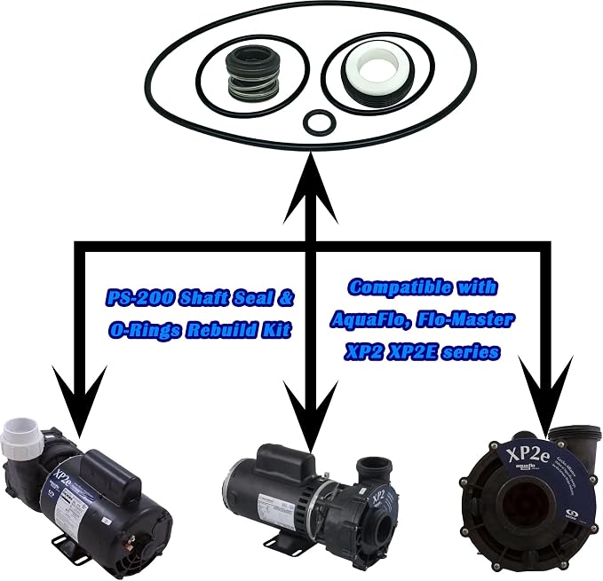 PS-200 5/8" Shaft Seal & O-Ring Rebuild Kit,Compatible with AquaFlo, Flo-Master XP2 XP2E Series Pool Pump， Includes Volute O-Ring, Union O-Ring, Drain Plug O-Ring and PS-200 Shaft Seal