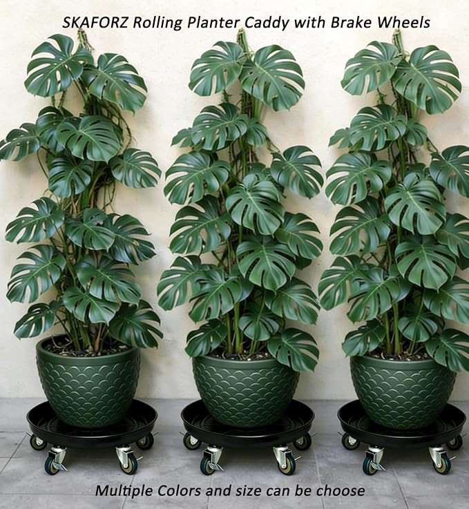 Rolling Planter Caddy(430lbs Capacity), Heavy Duty Metal Plant Stand with Brake Wheels Plant Dolly Mover Plant Pot Tray Saucer for Indoor Outdoor 16 Inches Black 2Pack