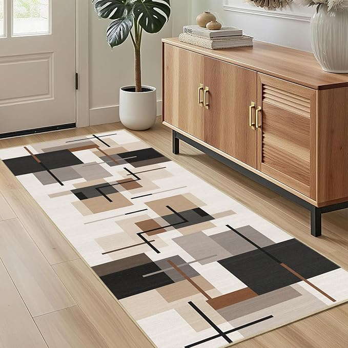Geometric Runner Rug 2x6 for Hallway Neutral Abstract Mid Century Modern Rug Soft Washable Rugs Non Slip Low Pile Carpet for Kitchen Entryway Laundry Room Bedroom,Beige Brown Black