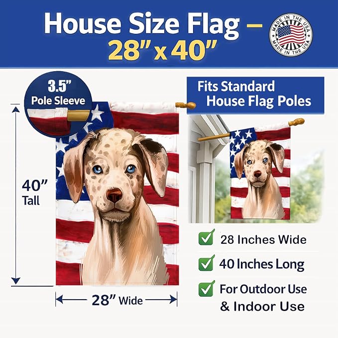 Caroline's Treasures CK6479CHF Catahoula Leopard Dog American Flag House Flag Large Porch Sleeve Pole Decorative Outside Yard Banner Artwork Wall Hanging, Polyester, House Size, Multicolor