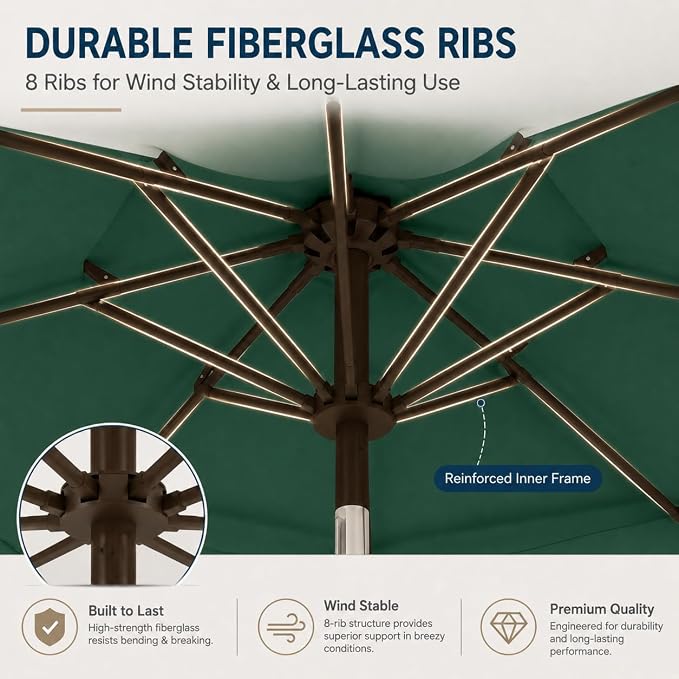 10ft Patio Umbrella, 3-Tier Vented Outdoor Table Umbrella with 8 Sturdy Fiberglass Ribs, Windproof Market Umbrella with Push Button Tilt and Crank, UV Protection for Deck, Pool, Forest Green