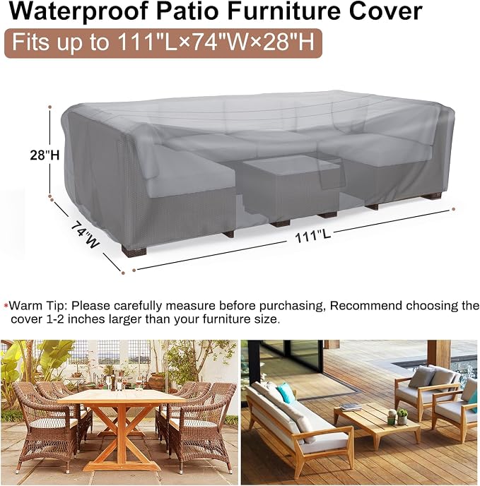 Mrrihand Heavy Duty Patio Furniture Covers, Outdoor Furniture Covers Waterproof Sectional Sofa Set, Patio Table and Chair Set Cover 111" L×74" W×28" H,Grey