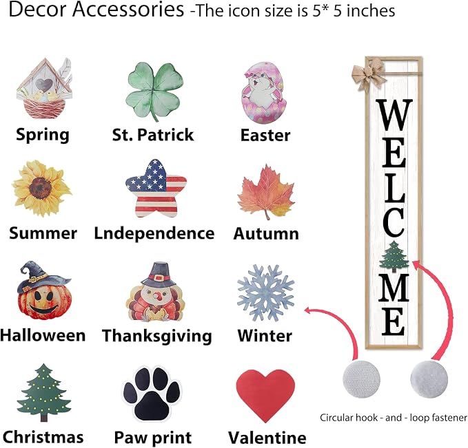 Interchangeable Welcome Sign for Front Door Standing, 45"X9" with 12 Pcs Replaceable Icons Rustic Outdoor Tall Front Porch Farmhouse Outside Wreath Leaner Vertical Decor (Wood)