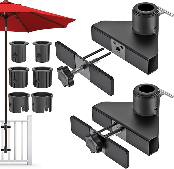 Dolibest Patio Umbrella Holder, Adjustable Deck Umbrella Holder & 3 Plastic Sleeves (Fits 1''-1.9" Poles), Space Saver Design, Patio Umbrella Clamp Deck Umbrella Mount for Balcony, Patio Railing-1 Set