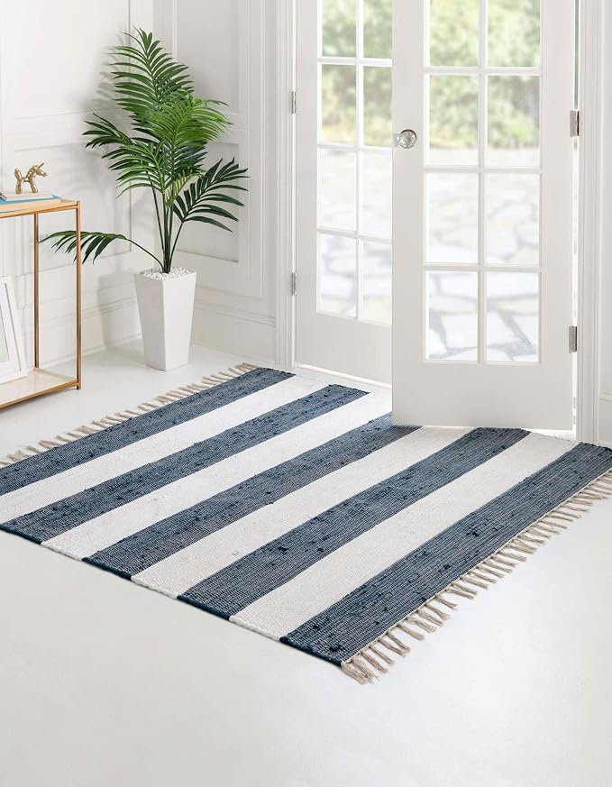 Unique Loom Chindi Rag Collection Area Rug - Striped (7' 10" Square, Navy Blue/ Ivory)