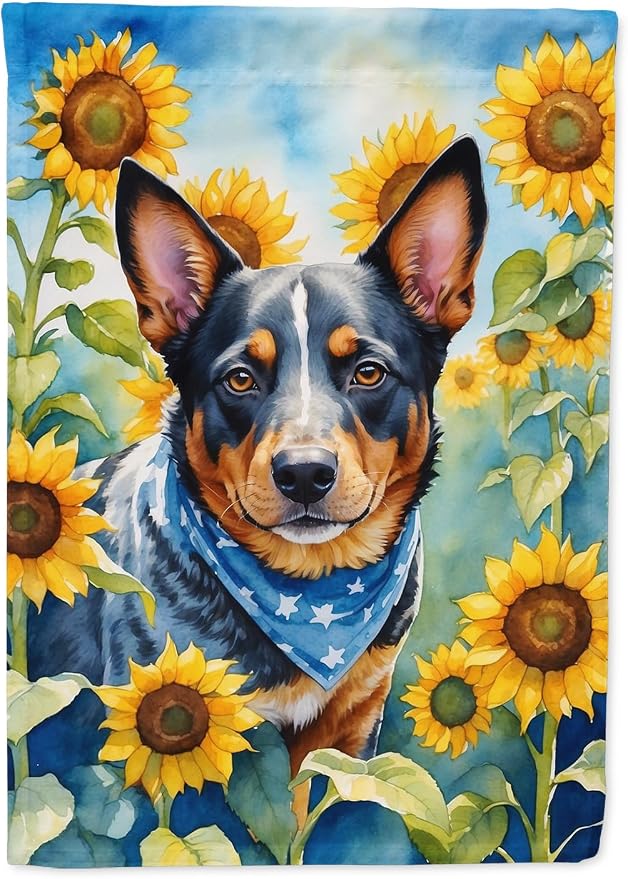 Caroline's Treasures DAC6013CHF Australian Cattle Dog in Sunflowers House Flag Large Porch Sleeve Pole Decorative Outside Yard Banner Artwork Wall Hanging, Polyester, House Size, Multicolor
