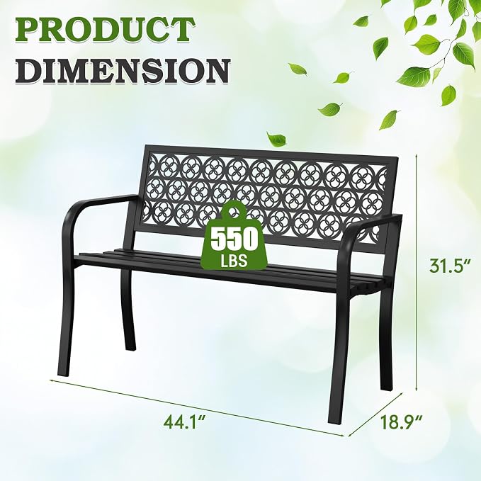 44" Outdoor Garden Bench, Iron Metal Frame Patio Bench with Backrest and Armrests, Weatherproof Anti-Rust Outdoor Bench for Front Porch, Park, Yard, Patio (411-Black)
