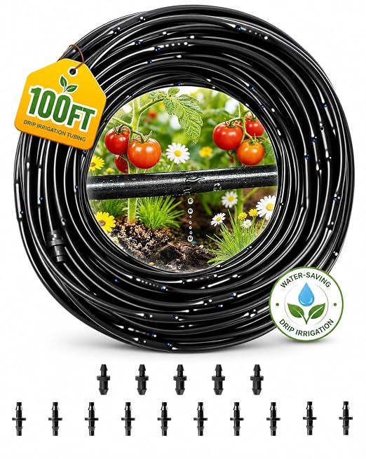 1/4 Drip Irrigation Tubing 100FT, Dripline Tubing with 6 Inch Emitter Spacing, Built-in 0.5 GPH Drippers, 1/4 Irrigation Tubing Drip Line with Fittings and End Plugs for Raised Beds, Garden Rows