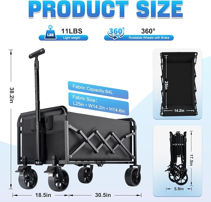 Collapsible Wagon Cart Foldable with Wheels - Heavy Duty 360LBS Portable Folding Utility Shopping Cart with 360° Swivel Brakes Wheels & Cup Holders for Outdoor Camping Beach Grocery Garden