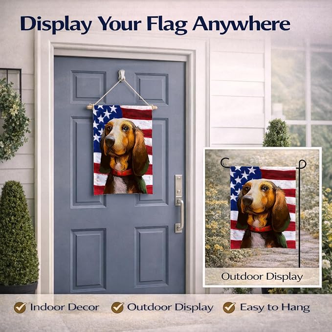 Caroline's Treasures CK6464GF Bruno Jura Hound Dog American Flag Garden Flag Mailbox Flag Decorative Yard Flag Banner Outside Patio Artwork Yard Flower Beds, Garden Size, Multicolor