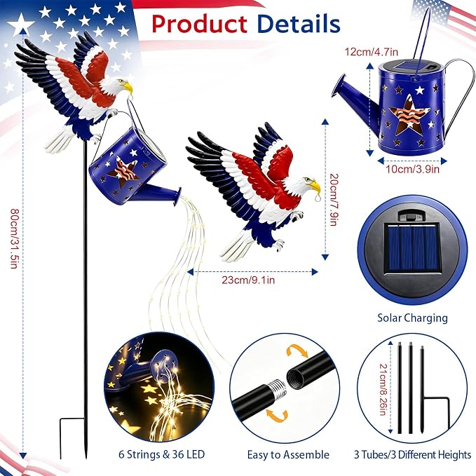 4th of July Decorations Outdoor Solar Eagle Watering Can Lights, 36 LED Solar Lights Outdoor Decorative Waterproof Metal Patriotic Garden Decor for Memorial Yard Art Patio