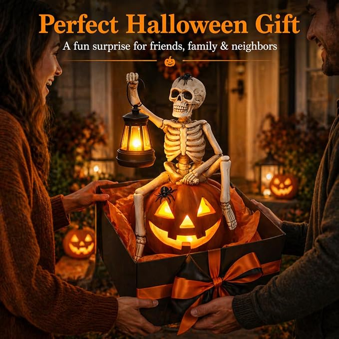 Halloween Outdoor Decorations Solar Lighted Skeleton Pumpkin Statue with Lantern 9.3 Inch Resin Jack O Lantern Yard Decor Halloween Skeleton Decoration for Porch Patio Garden Lawn