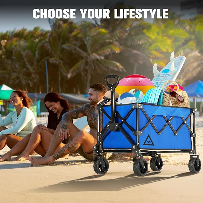 Wagon Cart Shopping Cart Large Capacity Collapsible Wagon with Wheels On Beach Garden Outdoor Utility Carts for Grocery All Terrain Portable Wagons Carts for Groceries Sand Camping Sports Blue