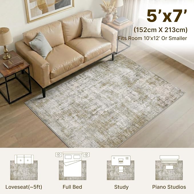 5x7 Area Rugs Washable Living Room Rug Non Slip Soft Carpets | Modern Abstract Indoor Floor Stain Resistant Carpet for Bedroom Dining Room Farmhouse Nursery Home Office Tan