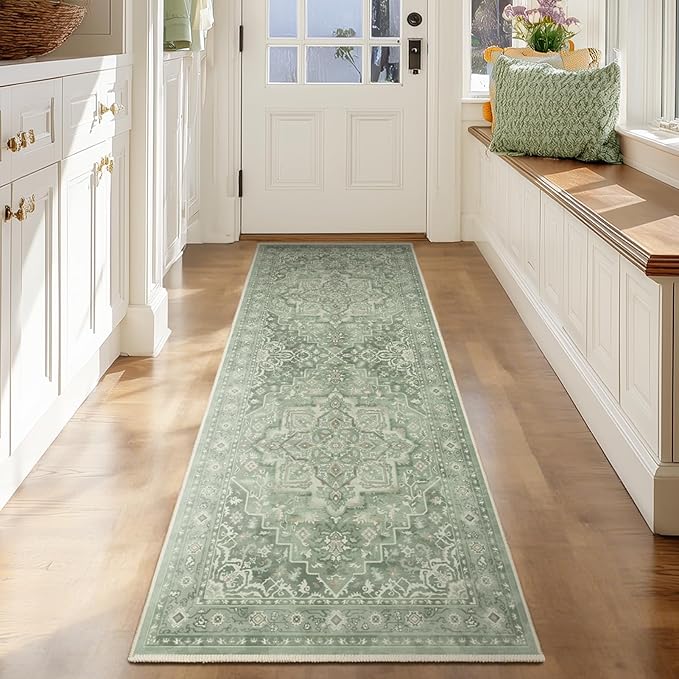 Sage Green 2x6 Runners for Kichen Floor Washable Non Skid, Soft Green Medallion Hallway Runner Rug for Entryway Foyer Mudroom, Cottagecore Carpet Runners 6ft for Bedside Bathroom Laundry Room