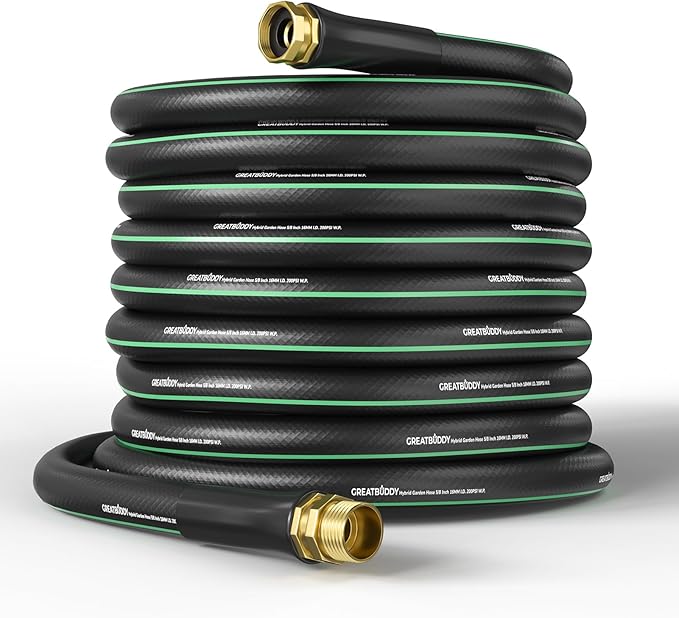 GreatBuddy 100 ft Garden Hose, Flexible Rubber Water Hose 5/8", Heavy Duty, Lightweight Hose, Burst 600 PSI with Solid Brass Male to Female Fittings, Leakproof Hose for Backyard, Garden
