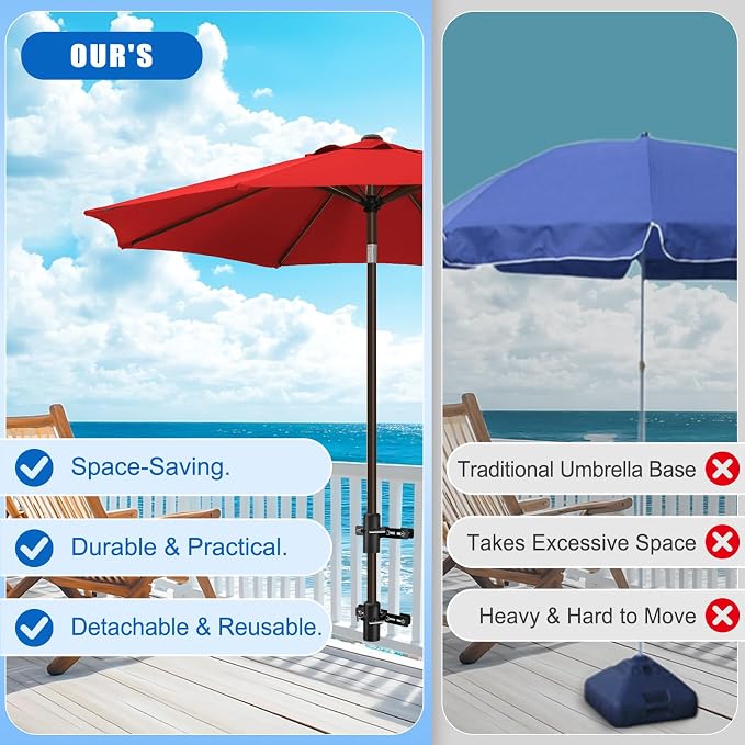 KingDolly Space-Saving Design Patio Umbrella Holder for Deck Railing, No Drill Adjustable Deck Umbrella Holder Fit for 1''-1.9'' Poles, Deck Umbrella Mount Bracket for Balcony Garden Poolside Railing