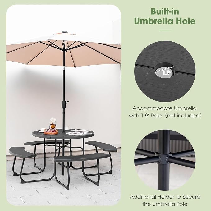 Round Picnic Table for Outdoors, 8 Person Outdoor Picnic Tables & Benches Set with Umbrella Hole, HDPE Tabletop & Metal Frame, 2000 LBS Capacity Table Bench Set for BBQ, Garden, Lawn, Patio