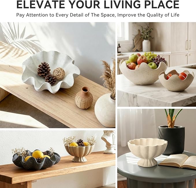 Pedestal Decorative Bowl Home Decor - 7.9" Morden Resin Handmade Decorative Fruit Bowl for Kitchen Counter, Chic Ruffle Bowl Centerpiece Decor for Dining Table Coffee Table (Starry Black)