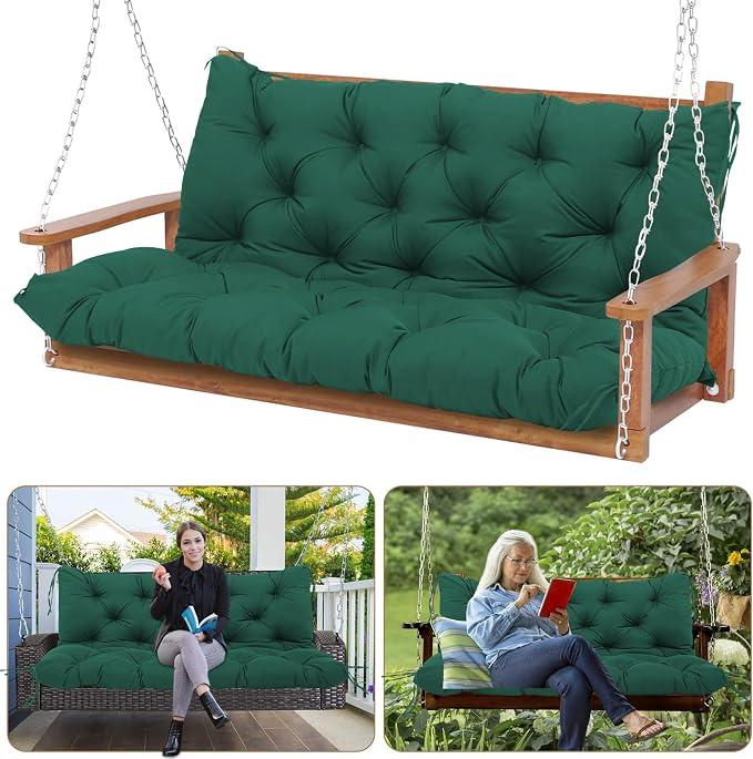 Durable Extra 5" Thick Outdoor Swing Cushions 3 Seater Waterproof Replacement Porch Swing Cushions with Backrest and Ties Fade-Resistant for Outdoor Patio Long Bench Furniture(Dark Green 60×40×5")