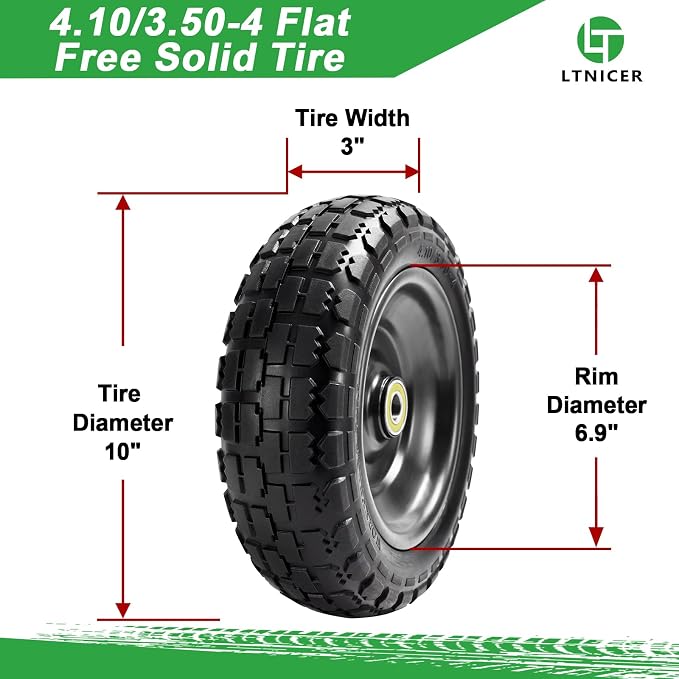 10" Flat Free Replacement Wheels for Gorilla Carts (2-Pack), 4.10/3.50-4 Solid Tires with 5/8" Axle Bore & 2.1" Offset Hub, Heavy Duty No-Flat Wheels for Garden Carts, Hand Trucks & Wagons